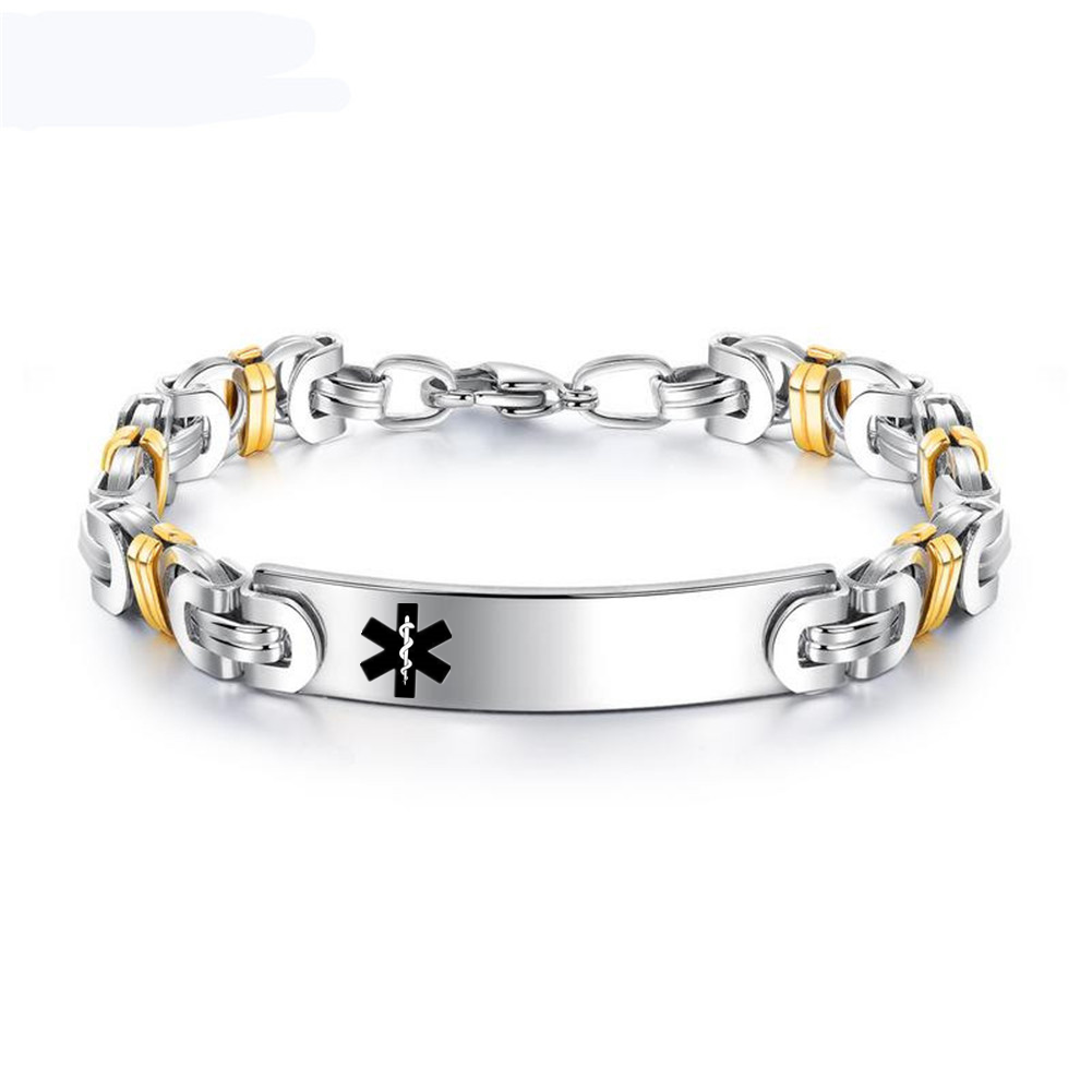 Personalized Stainless Steel Gold Silver Tone Medical Alert Disease Awareness Byzantine Bracelet, 8.07 inch, with aid bag