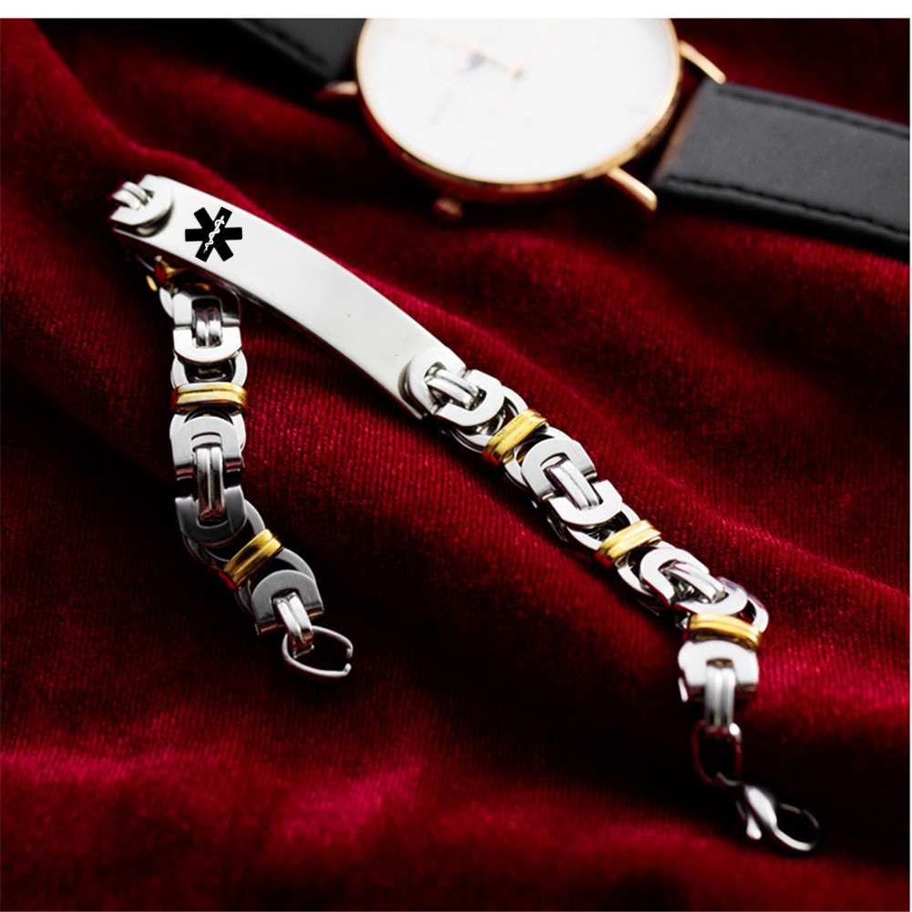 Personalized Stainless Steel Gold Silver Tone Medical Alert Disease Awareness Byzantine Bracelet, 8.07 inch, with aid bag