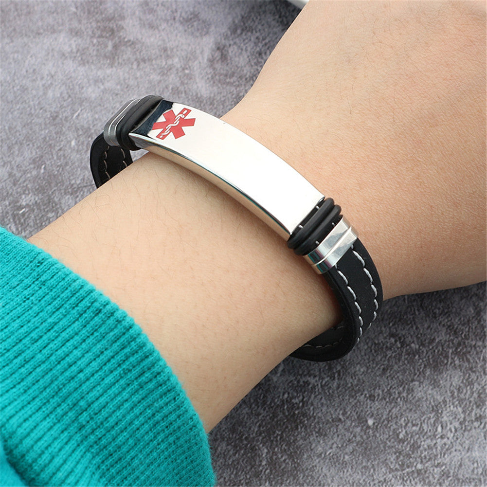 Stylish Medical Alert ID Stainless Steel Silicone Bracelet for Women Men, with Aid Bag