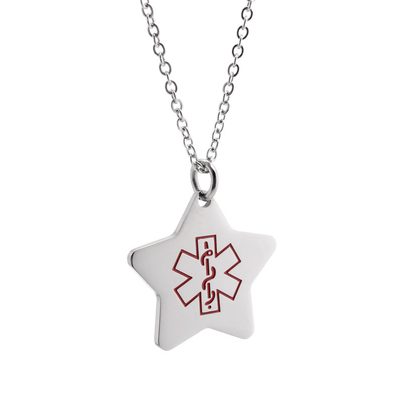 Star Shape Stainless Steel Personalized Medical Alert ID Necklace Pendant for Kids Boys Girls Adults,with Aid Bag