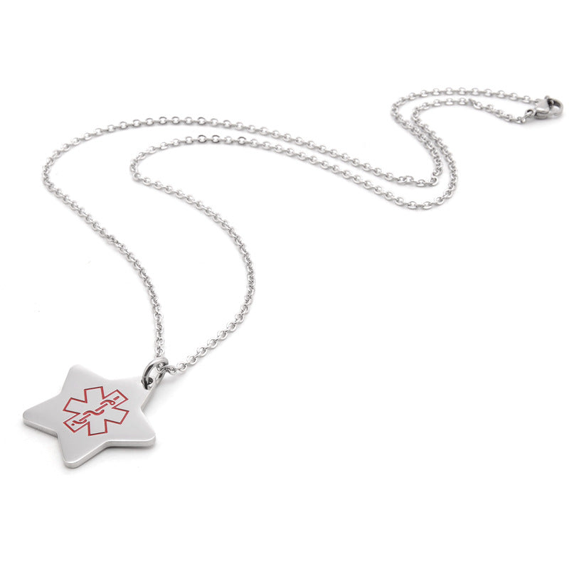 Star Shape Stainless Steel Personalized Medical Alert ID Necklace Pendant for Kids Boys Girls Adults,with Aid Bag