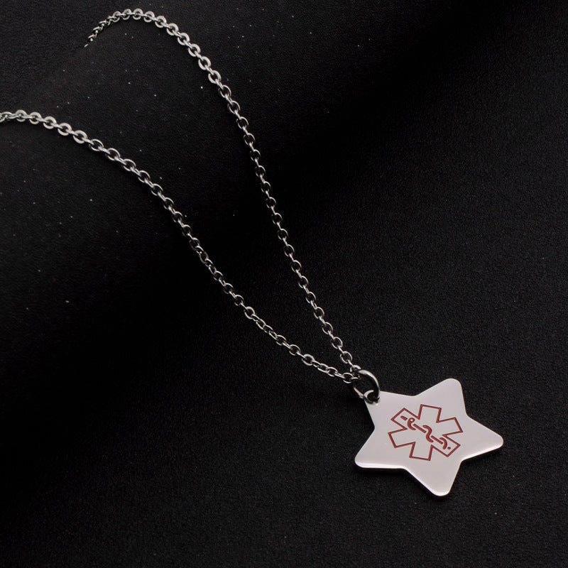 Star Shape Stainless Steel Personalized Medical Alert ID Necklace Pendant for Kids Boys Girls Adults,with Aid Bag