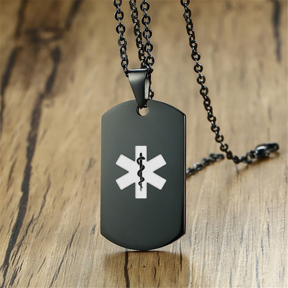 Personalized Stainless Steel Medical Alert ID Necklace Awareness Nameplate Pendant for Men Women Kids for Emergency, Black/Silver,with Aid Bag