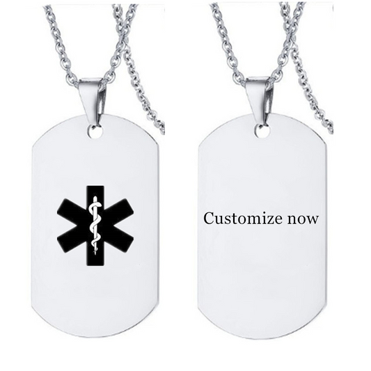 Personalized Stainless Steel Medical Alert ID Necklace Awareness Nameplate Pendant for Men Women Kids for Emergency, Black/Silver,with Aid Bag