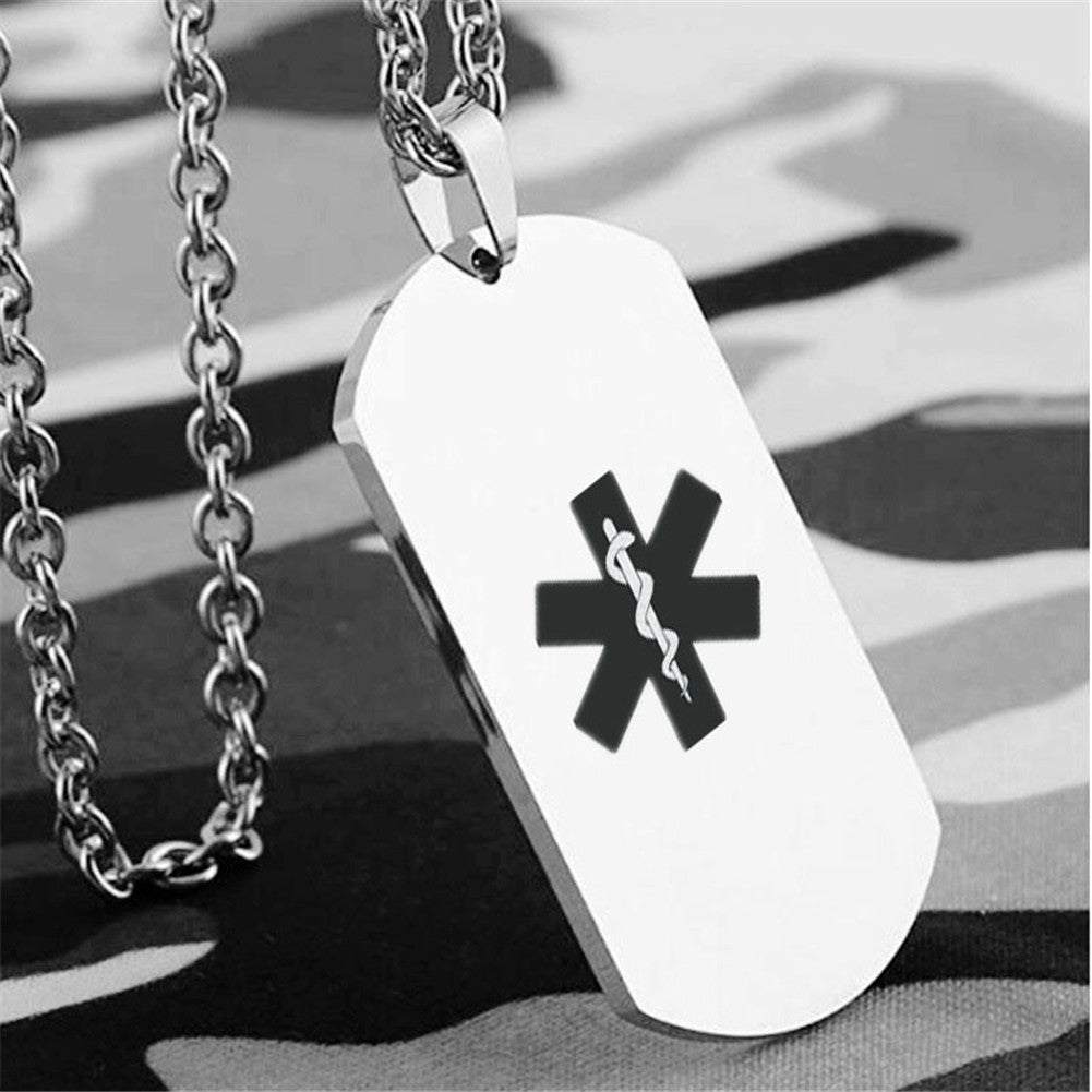 Personalized Stainless Steel Medical Alert ID Necklace Awareness Nameplate Pendant for Men Women Kids for Emergency, Black/Silver,with Aid Bag