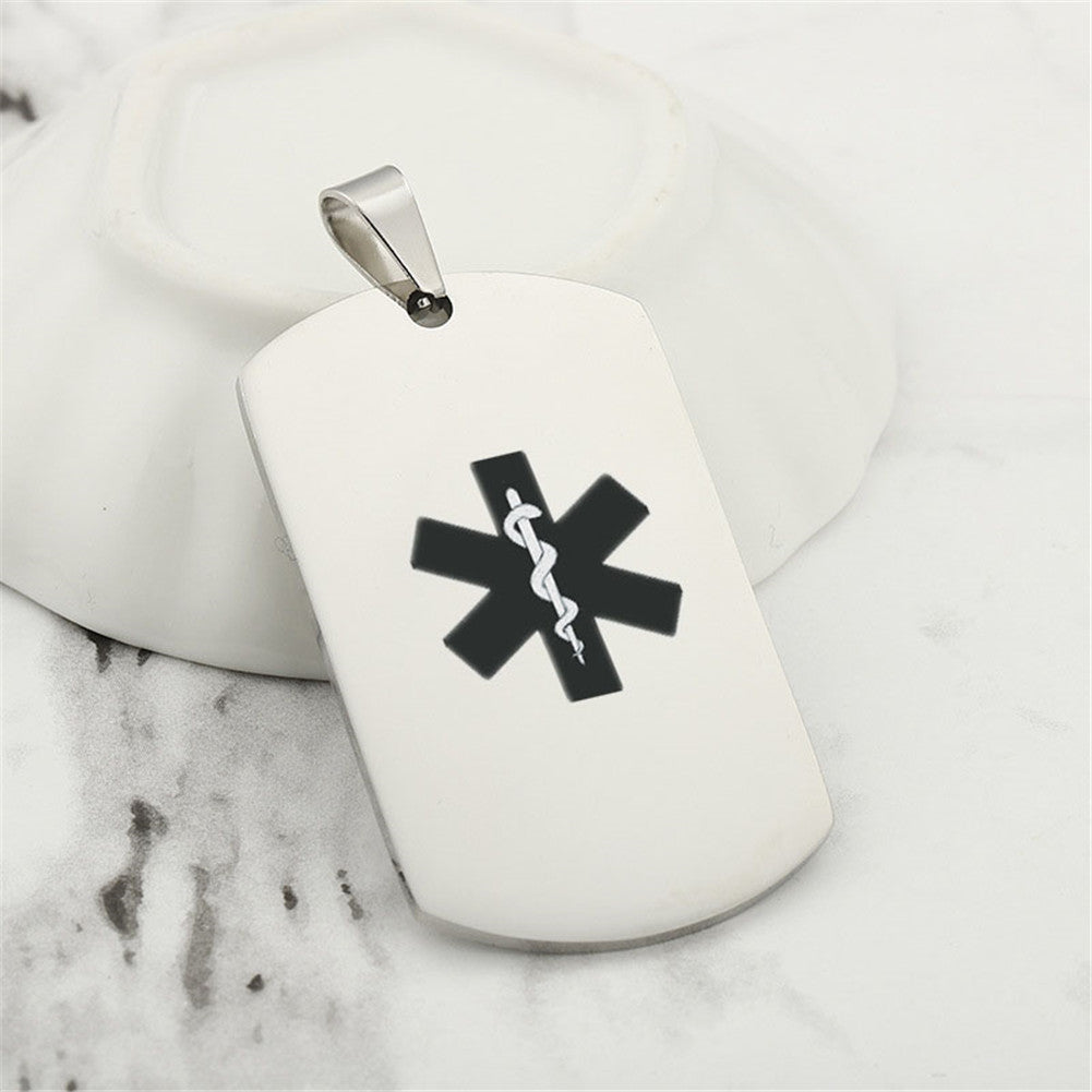 Personalized Stainless Steel Medical Alert ID Necklace Awareness Nameplate Pendant for Men Women Kids for Emergency, Black/Silver,with Aid Bag