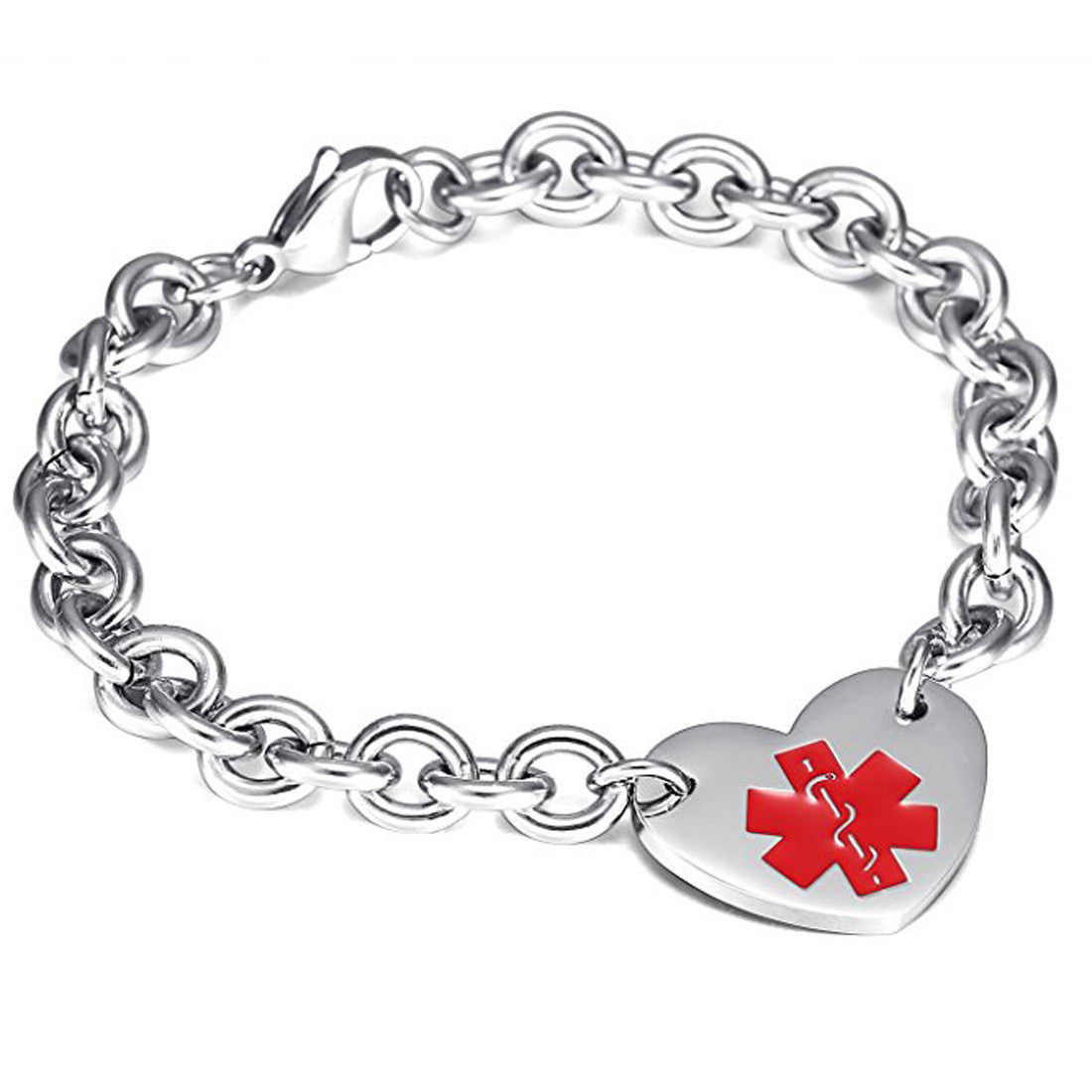 Personalized Medical Alert Heart Bracelet Rolo Chain Stainless Steel ID Bracelet Customized Jewelry, With Aid Bag