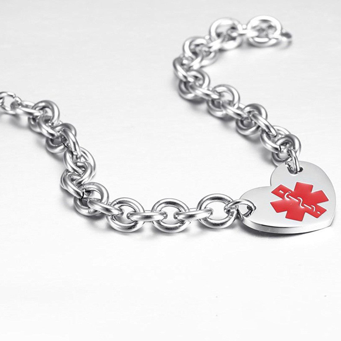 Personalized Medical Alert Heart Bracelet Rolo Chain Stainless Steel ID Bracelet Customized Jewelry, With Aid Bag