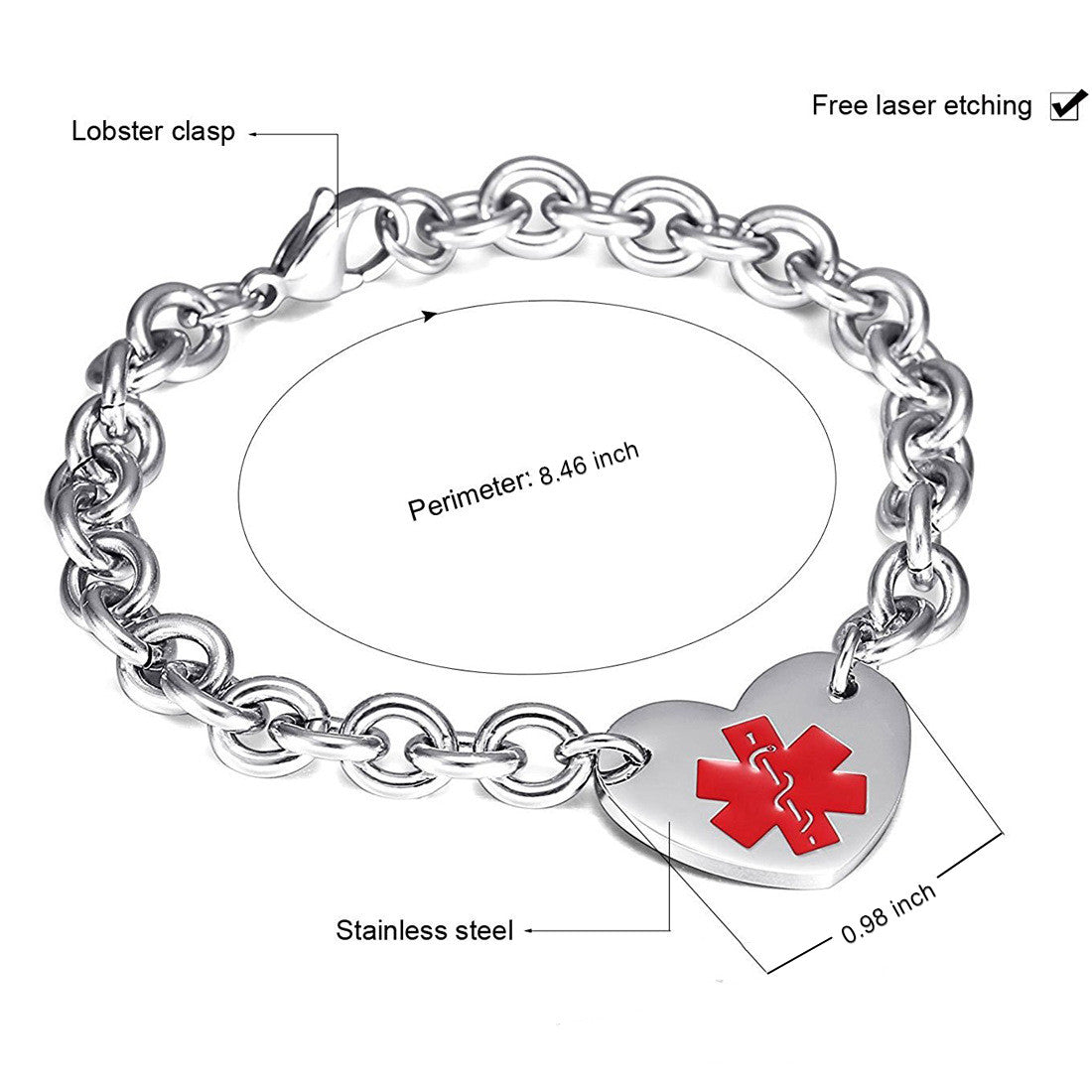 Personalized Medical Alert Heart Bracelet Rolo Chain Stainless Steel ID Bracelet Customized Jewelry, With Aid Bag