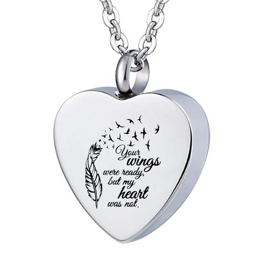 Your Wings Were Ready,My Heart Was Not, Heart Shaped Stainless Steel Cremation Urn Necklace Pendent for Human Pet Ashes