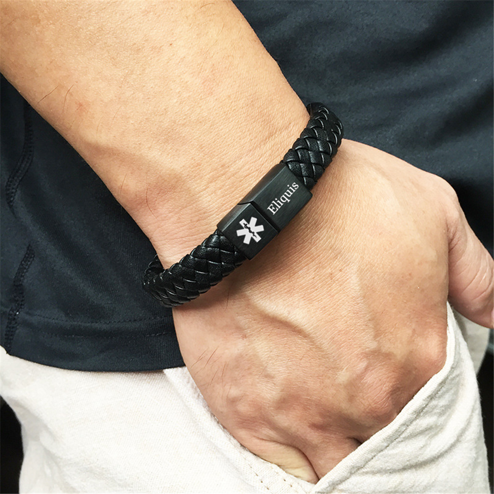 Adjustable Free Customized Engraved Medical Alert ID Leather Bracelet with Magnet Clasp,With Aid Bag, 18.5cm/20.5cm