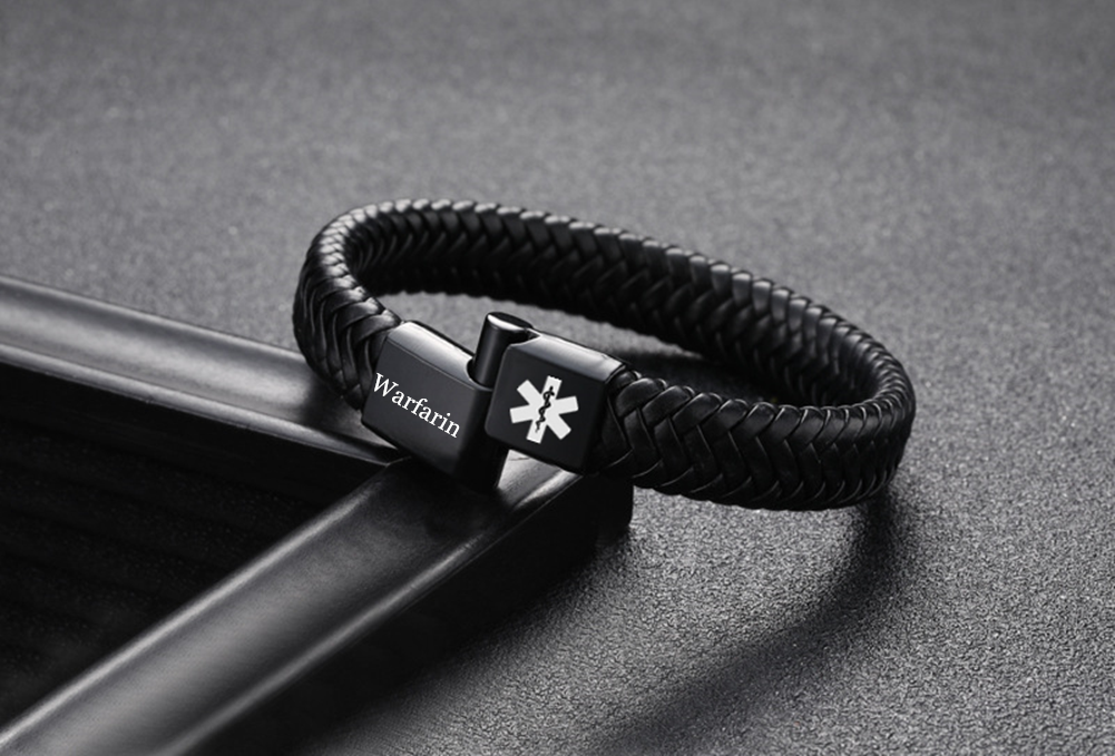 Adjustable Free Customized Engraved Medical Alert ID Leather Bracelet with Magnet Clasp,With Aid Bag, 18.5cm/20.5cm