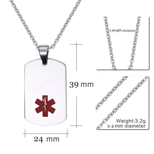 Personalized Stainless Steel Medical Alert Necklace ID Nameplate Alarm Pendant ,3 Colors,with Bag