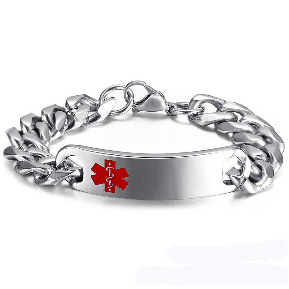 Personalized Silver Stainless Steel Medical Alert ID Cuban Bracelet Chain for Emergency with Aid Bag,8.26 inch