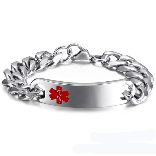Personalized Silver Stainless Steel Medical Alert ID Cuban Bracelet Chain for Emergency with Aid Bag,8.26 inch