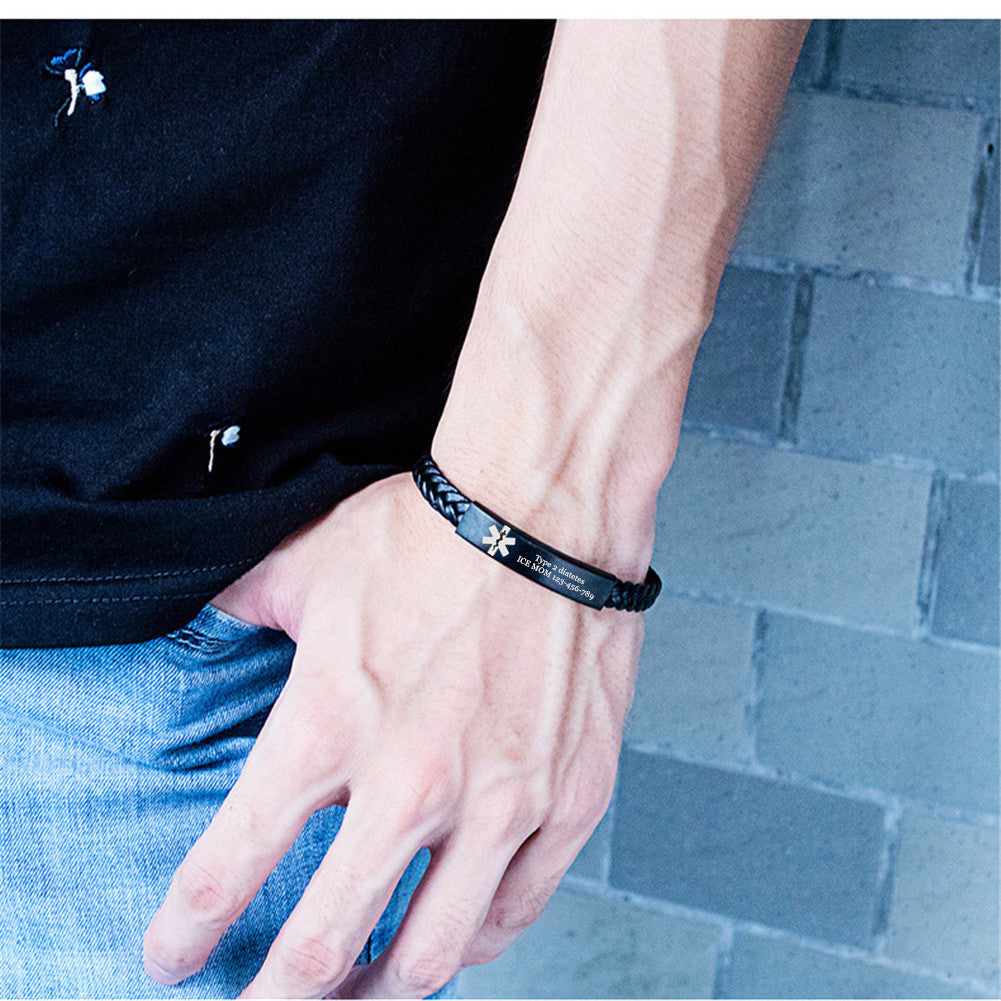 Dainty Personalised Medical Alert ID Braided Wrap Bracelet,8.26 inch, Black,With Aid Bag