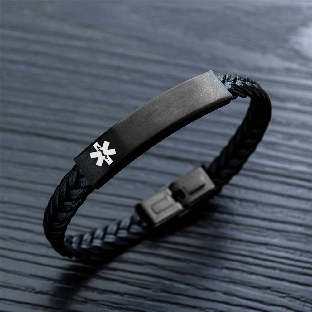 Dainty Personalised Medical Alert ID Braided Wrap Bracelet,8.26 inch, Black,With Aid Bag