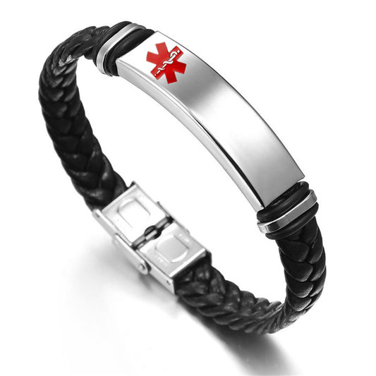 Personalized Medical Alert Disease Awareness Leather Bracelet Alarm ID Bangle Emergency Life Saver for Women Men,Black,Brown,with Aid Bag