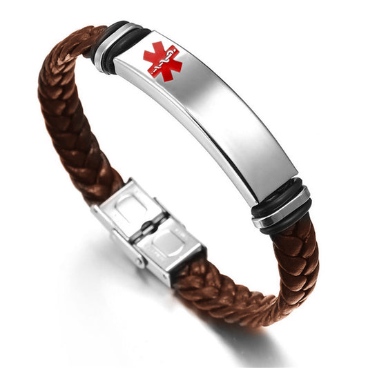 Personalized Medical Alert Disease Awareness Leather Bracelet Alarm ID Bangle Emergency Life Saver for Women Men,Black,Brown,with Aid Bag