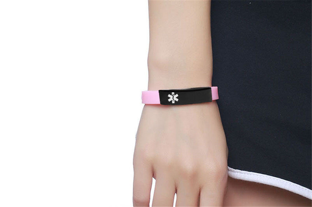 Personalized Medical Alert ID Silicone Bracelet for Kids Adults, Adjustable, Free Engraving, with Aid Bag