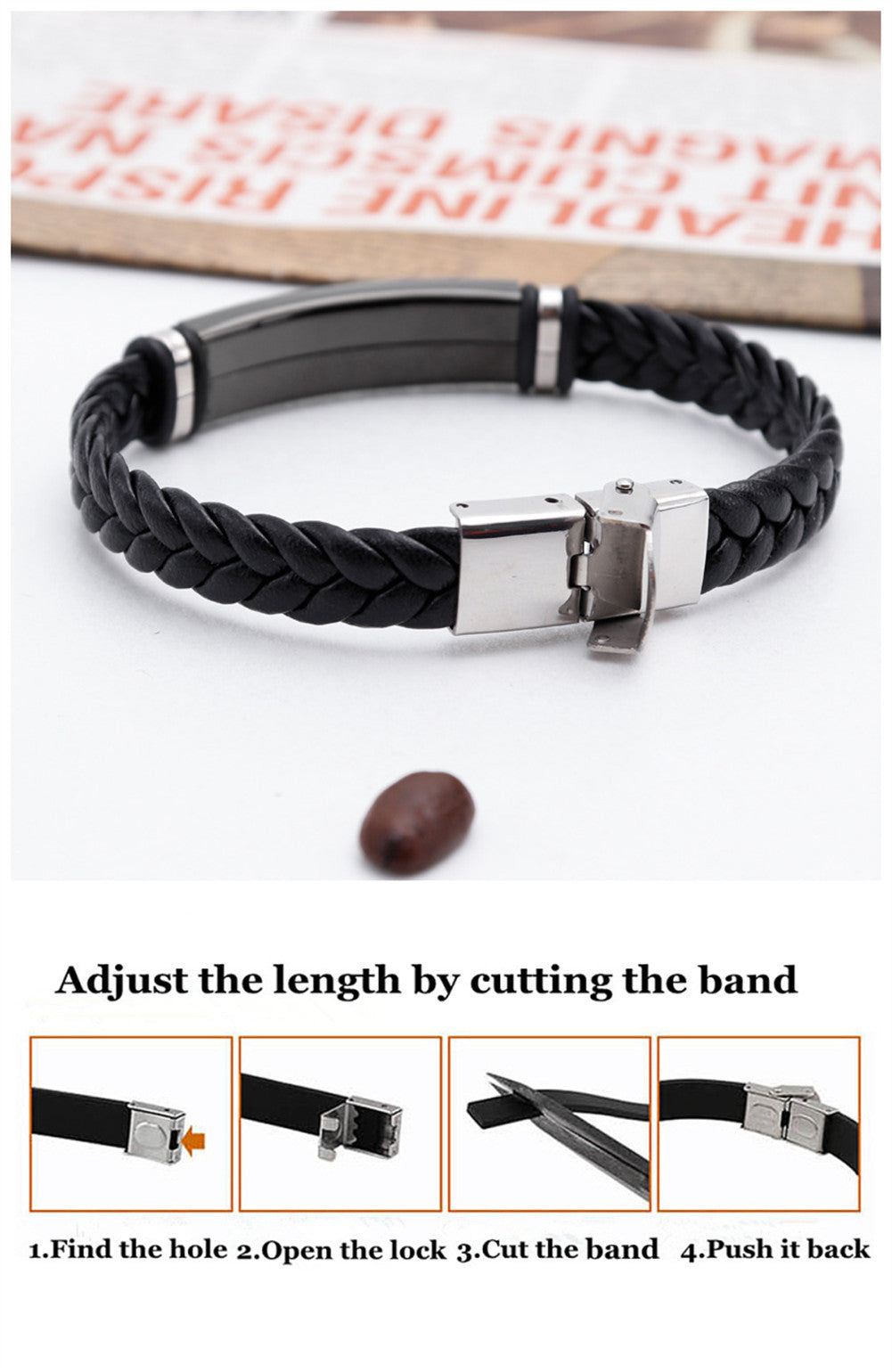 Personalized Black Medical Alert ID Leather Bracelet for Men Women,8.66 inch, with Aid Bag