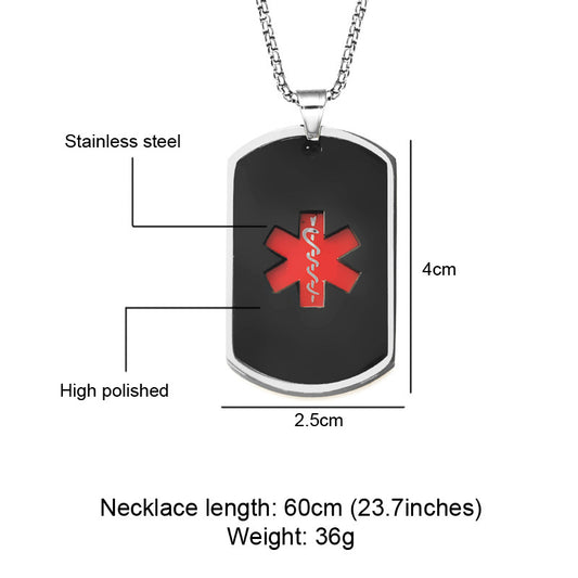 Stainlesss Steel Persoanlized Medical Alert ID Tag Pendant Neckalace with Wheat Chain,Black/Blue/Gold/Silver,with Aid Bag