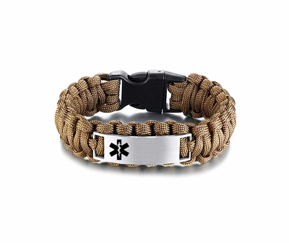 Customized Medical Alert ID Survival Paracord Bracelet Personalized Diease Awareness Wristband, 9 inch, Black,Brown