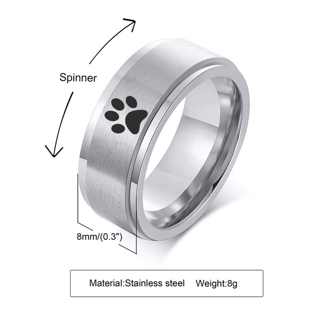 Personalized Dog Cat Name Engraved Memorial Pet Paw Spinner Ring Stainless Steel 8mm Pets Keepsake Fidget Anxiety Relief Band Ring Size7-12