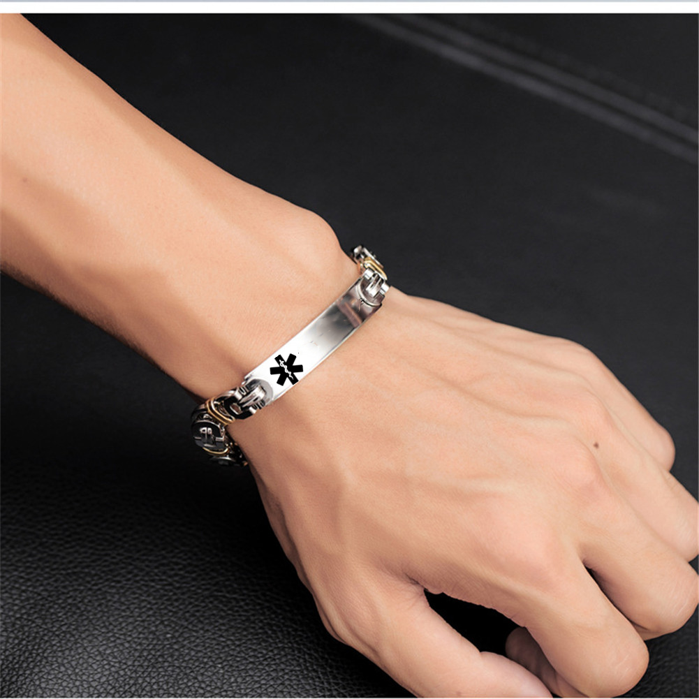 Personalized Stainless Steel Gold Silver Tone Medical Alert Disease Awareness Byzantine Bracelet, 8.07 inch, with aid bag