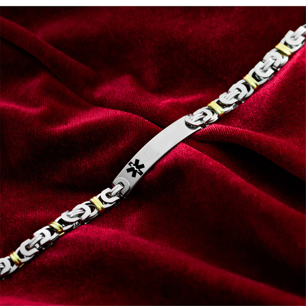 Personalized Stainless Steel Gold Silver Tone Medical Alert Disease Awareness Byzantine Bracelet, 8.07 inch, with aid bag