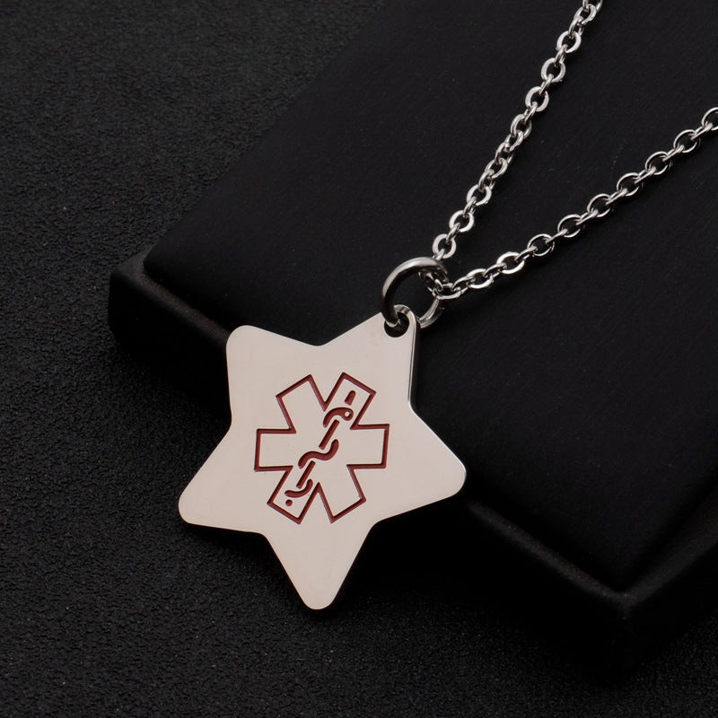 Star Shape Stainless Steel Personalized Medical Alert ID Necklace Pendant for Kids Boys Girls Adults,with Aid Bag