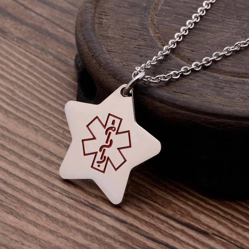 Star Shape Stainless Steel Personalized Medical Alert ID Necklace Pendant for Kids Boys Girls Adults,with Aid Bag