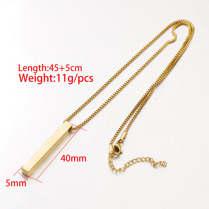 4 Sides Personalized Engraved Vertical Cylinder Bar Necklace Pendant with Box Chain,Gold/Silver/Rose Gold