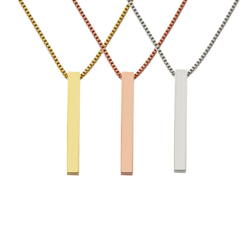 4 Sides Personalized Engraved Vertical Cylinder Bar Necklace Pendant with Box Chain,Gold/Silver/Rose Gold