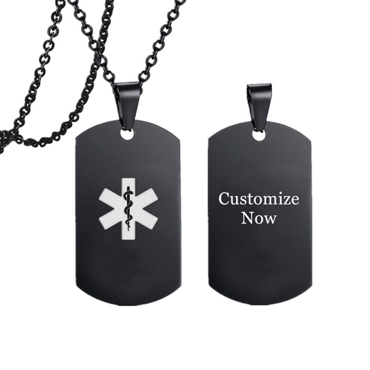 Personalized Stainless Steel Medical Alert ID Necklace Awareness Nameplate Pendant for Men Women Kids for Emergency, Black/Silver,with Aid Bag