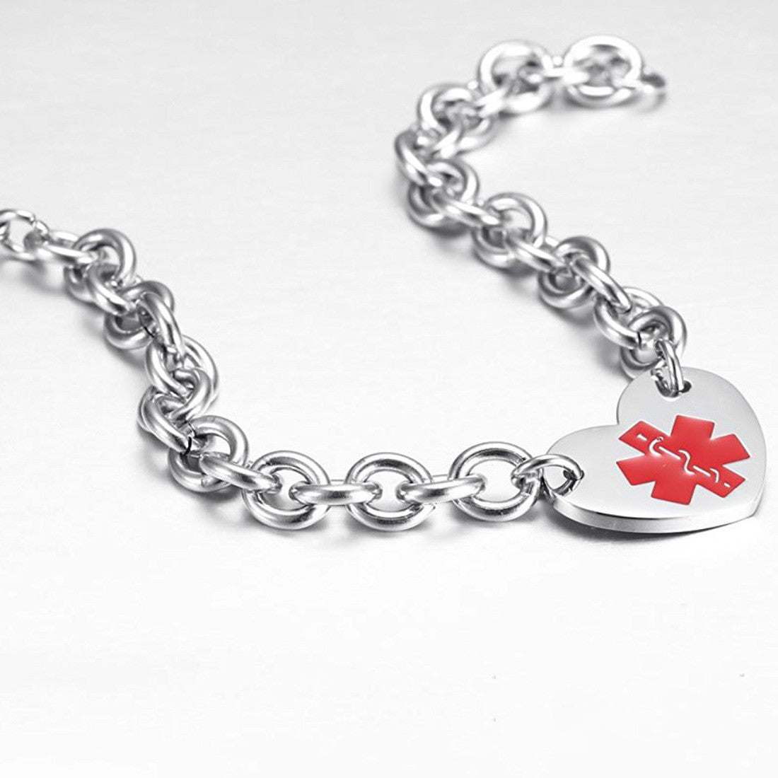 Customized Stainless Steel Medical Alert ID Heart Bracelet Awareness Emergency Alarm Bracelet Chain for Women Girls,8.46'', with Aid Bag