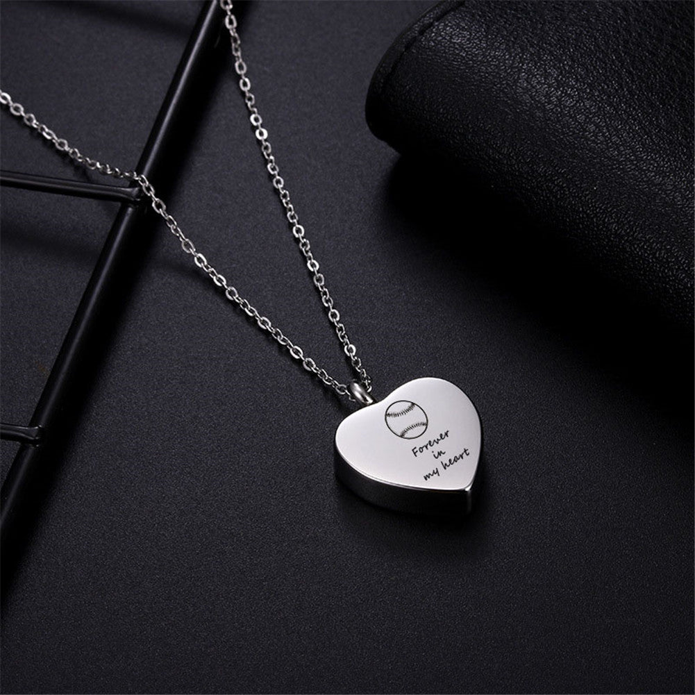 Stainless Steel Heart Shaped Baseball Cremation Necklace Pendant Memorial Jewelry for Ashes,Forever in My Heart