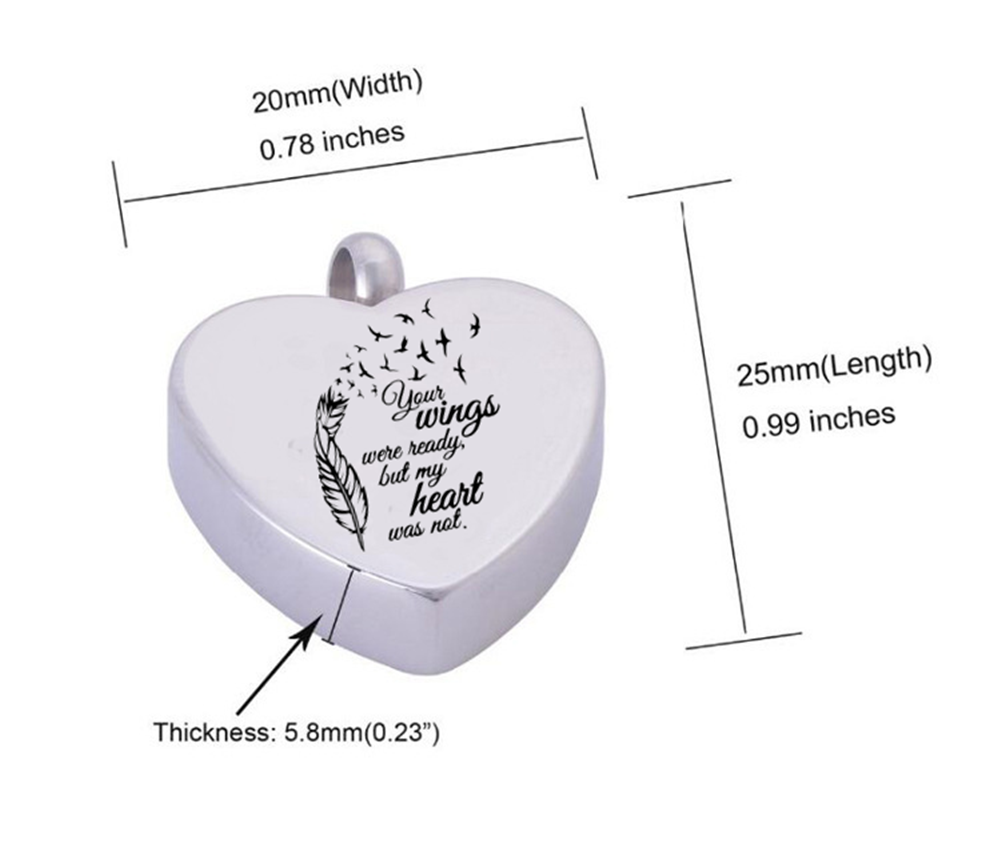 Your Wings Were Ready,My Heart Was Not, Heart Shaped Stainless Steel Cremation Urn Necklace Pendent for Human Pet Ashes