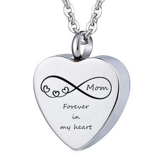 Stainless Steel Heart Shaped Infinity Cremation Urn Necklace Pendant for Ashes, Forver in my heart