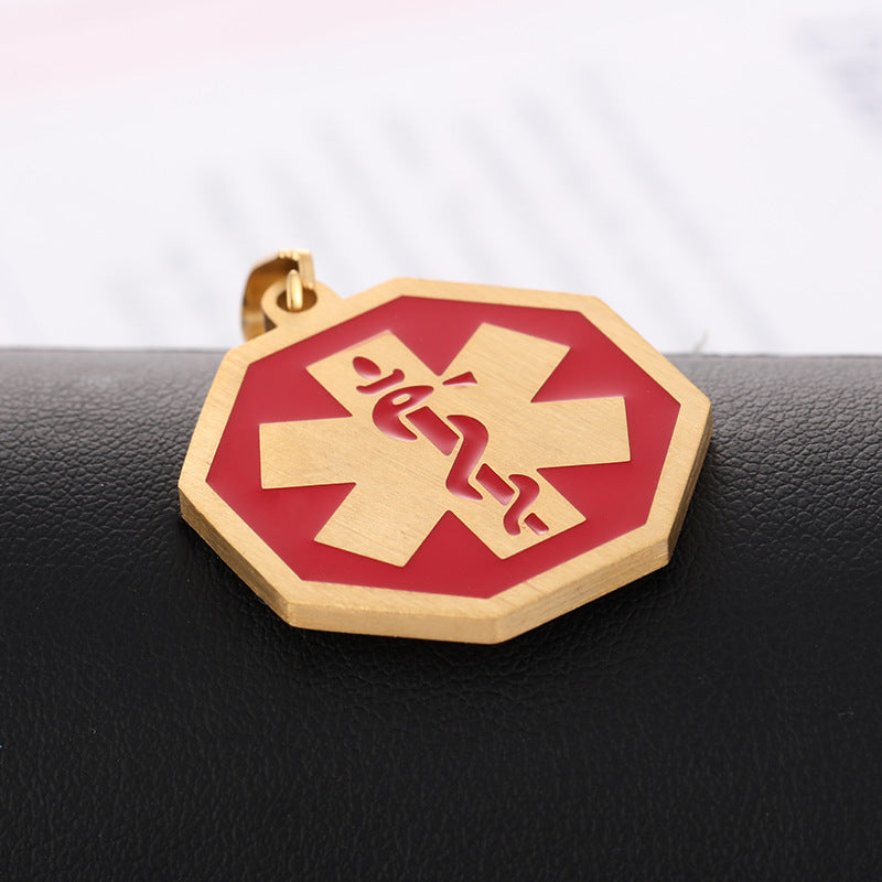 Octagon Shape Stainless Steel Personalized Medical Alert ID Necklace Pendant with Ball Chain,Gold/Silver,with Aid Bag